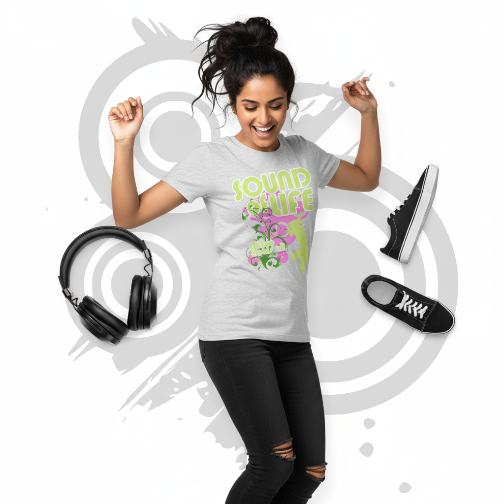 women’s basic softstyle t shirt green and pink sound of life frutiger metro