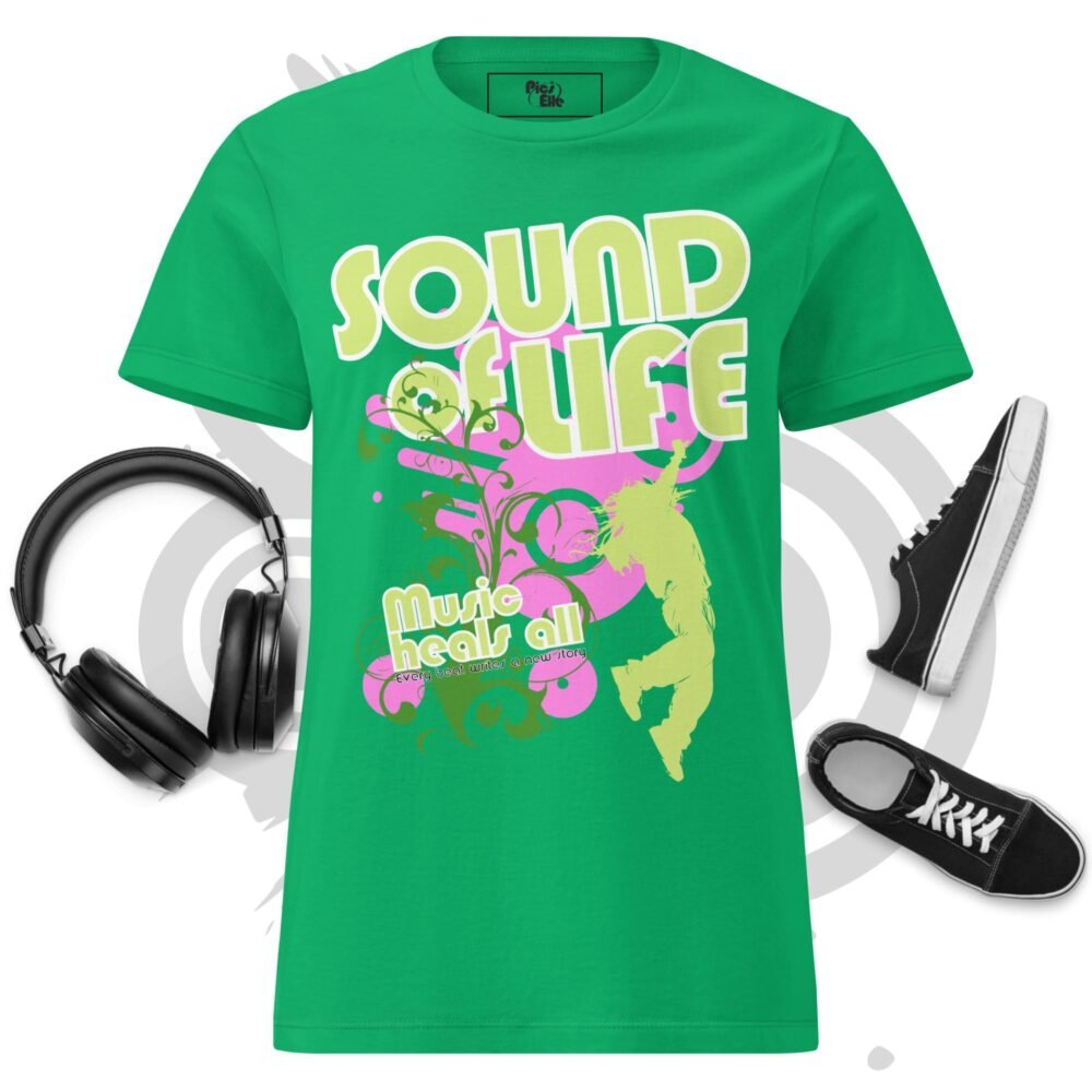 women’s basic softstyle t shirt green and pink sound of life frutiger metro