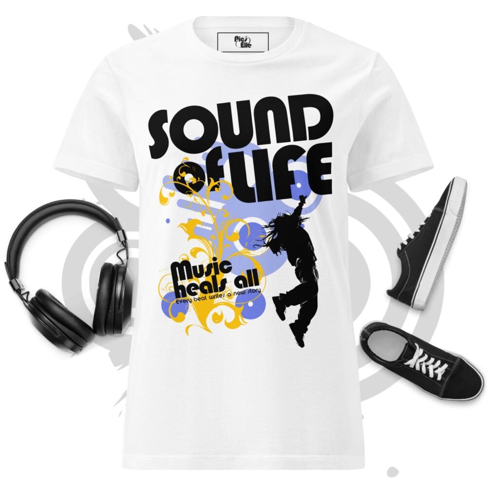 women’s basic softstyle t shirt purple and yellow sound of life frutiger metro