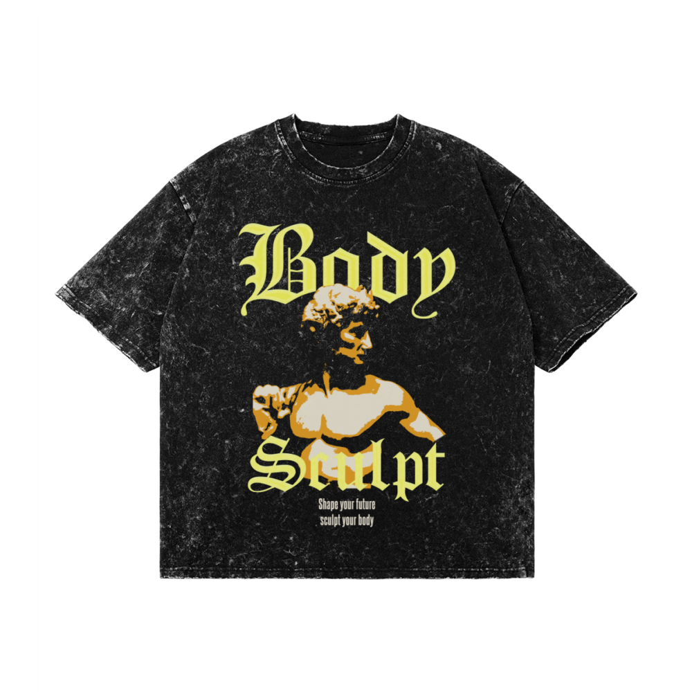 Black oversized unisex t-shirt with Body Sculpt graphic in vintage retro style