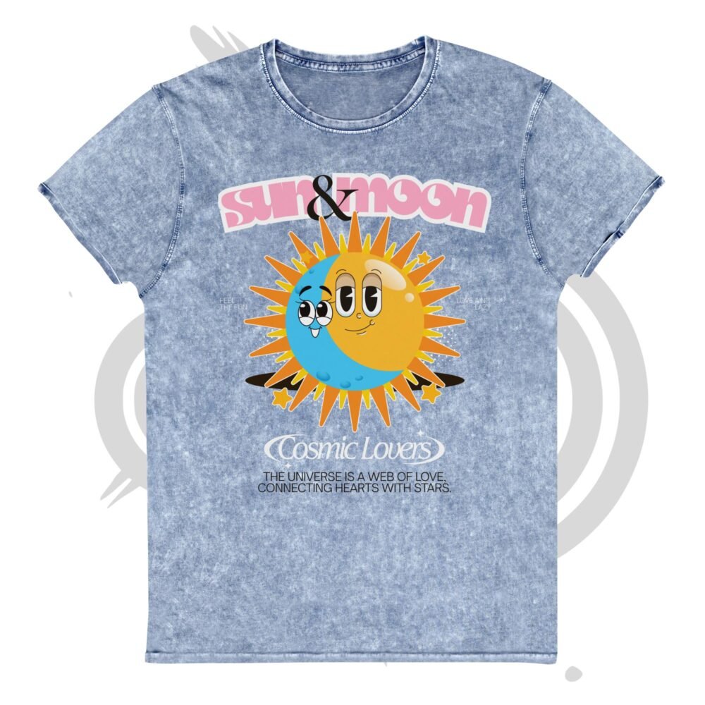 Unisex Denim-Style T-Shirt | “Sun Moon: Cosmic Lovers” Ultra-Retro Cartoon Graphic