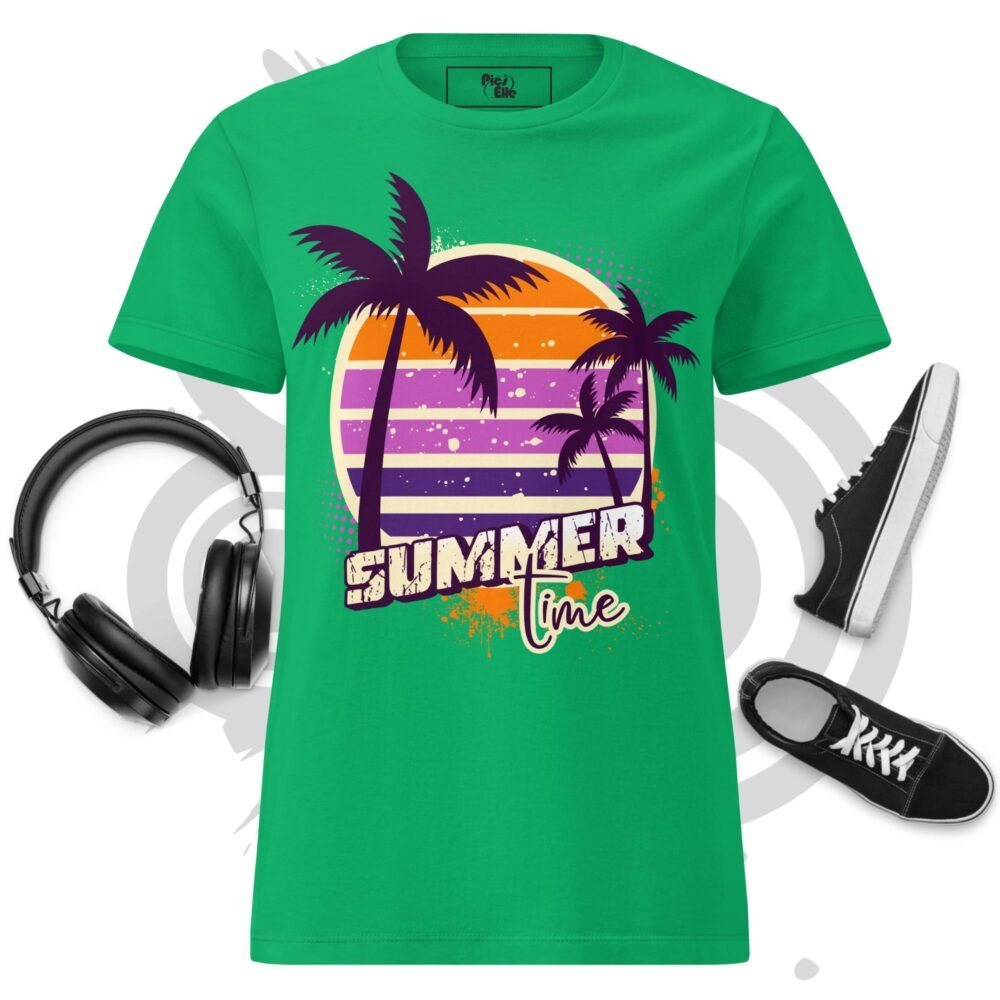 Women’s basic softstyle t-shirt - Summer Time : Paml trees and Vaporwave Sun