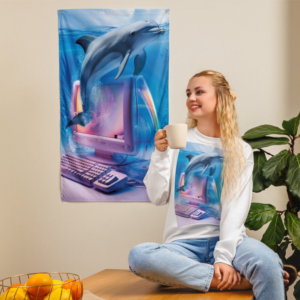 Wall flag Frutiger Aero Dolphin Emerging from Computer Screen | 2000s Retro Futurism Digital Art by Pics’Elle
