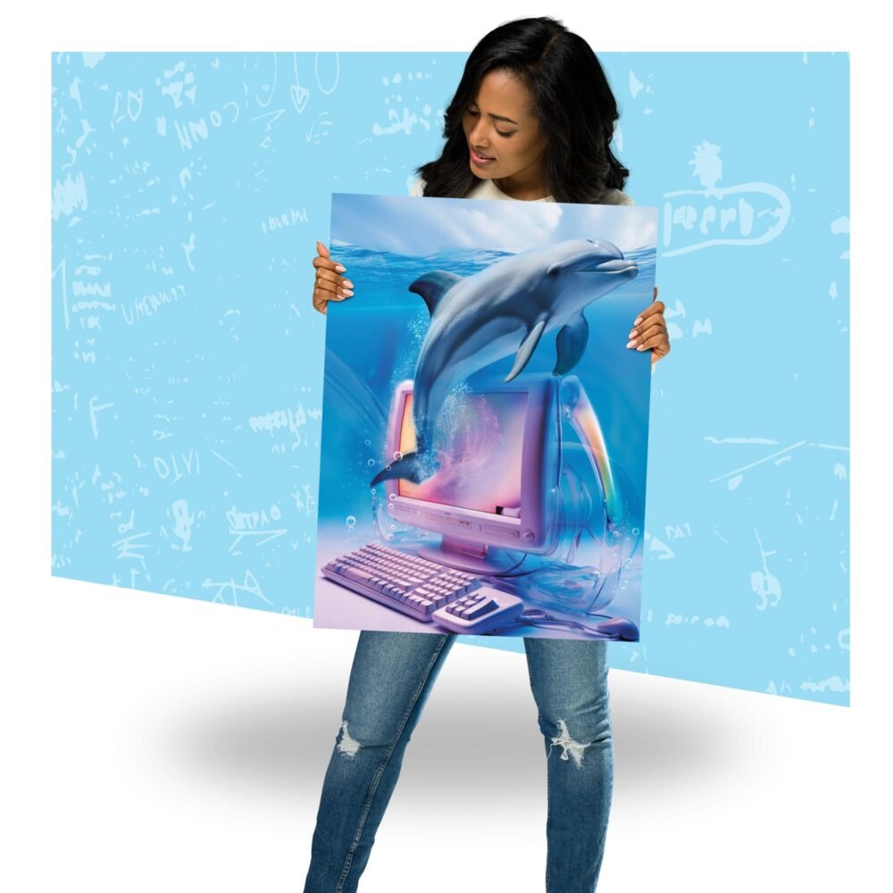 Poster Frutiger Aero, Frutiger Aqua Dolphin Emerging from Computer Screen | 2000s Retro Futurism Digital Art by Pics’Elle