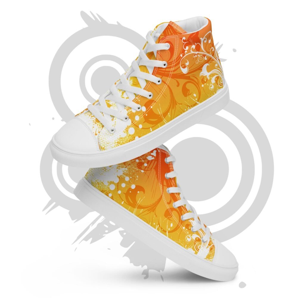 Women’s high top canvas shoes Frutiger Metro (orange/white) abstract graffiti – Vector garden urban art, spray paint stencil design