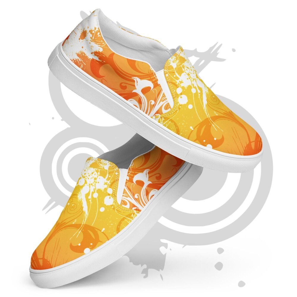 Women’s slip-on canvas shoes Frutiger Metro abstract graffiti – Orange and white vector garden urban art design