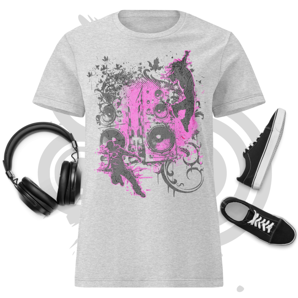 Women’s basic softstyle t-shirt - Frutiger Metro Urban Graffiti Art Style Graphic with Speakers, Hip Hop Dancers and Abstract Grunge Textures, Gray and Pink