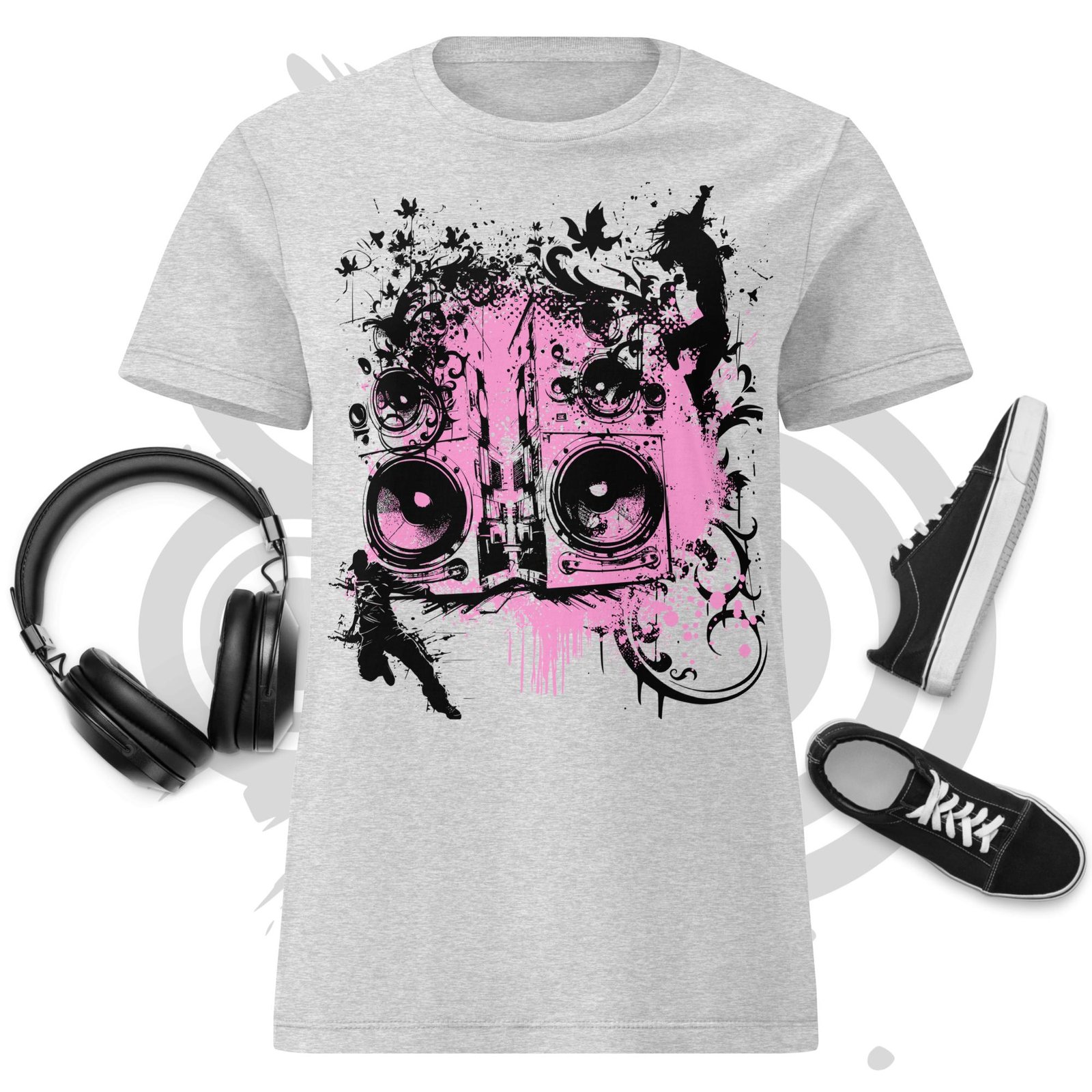Women’s basic softstyle t-shirt - Frutiger Metro Urban Graffiti Art Style Graphic with Speakers, Hip Hop Dancers and Abstract Grunge Textures, Gray and Pink – Image 2