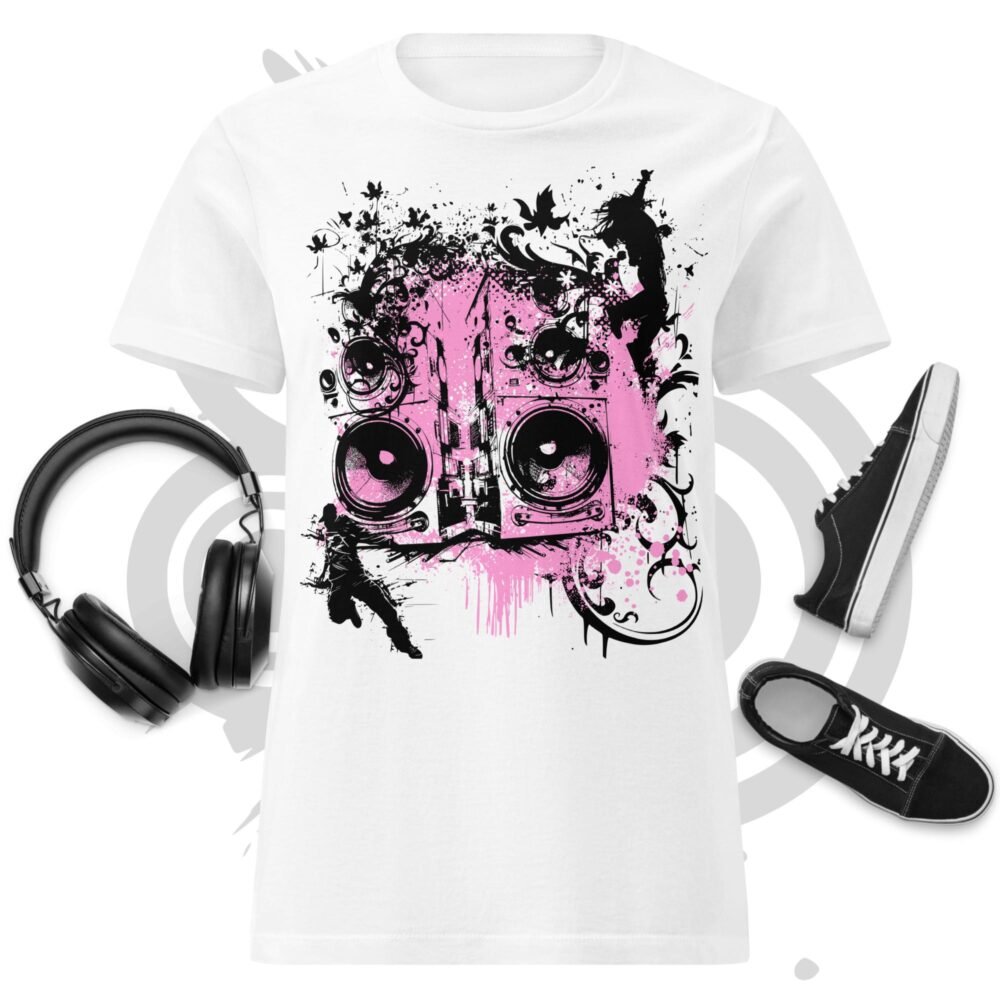 Women’s basic softstyle t-shirt - Frutiger Metro Urban Graffiti Art Style Graphic with Speakers, Hip Hop Dancers and Abstract Grunge Textures, Gray and Pink
