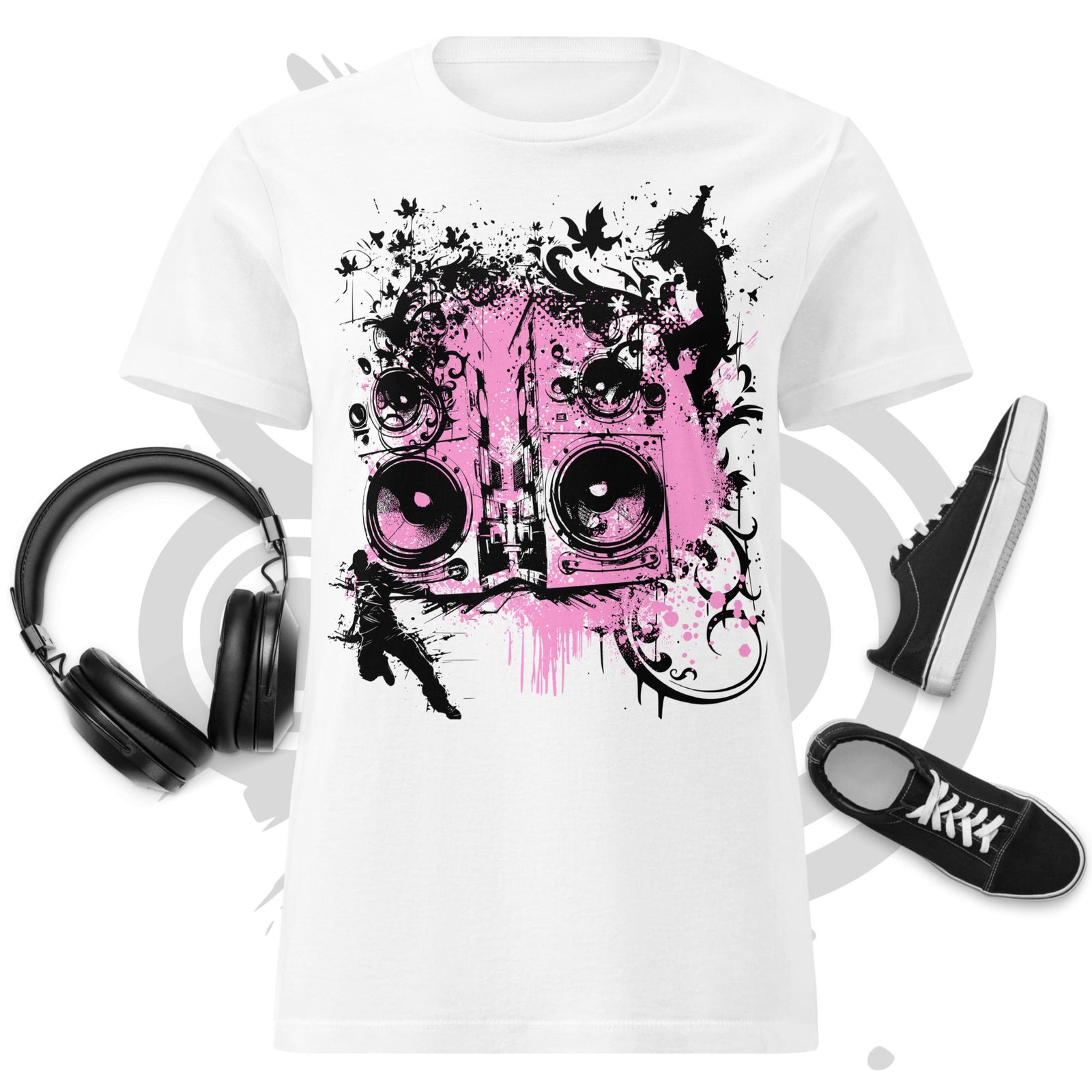 Women’s basic softstyle t-shirt - Frutiger Metro Urban Graffiti Art Style Graphic with Speakers, Hip Hop Dancers and Abstract Grunge Textures, Gray and Pink