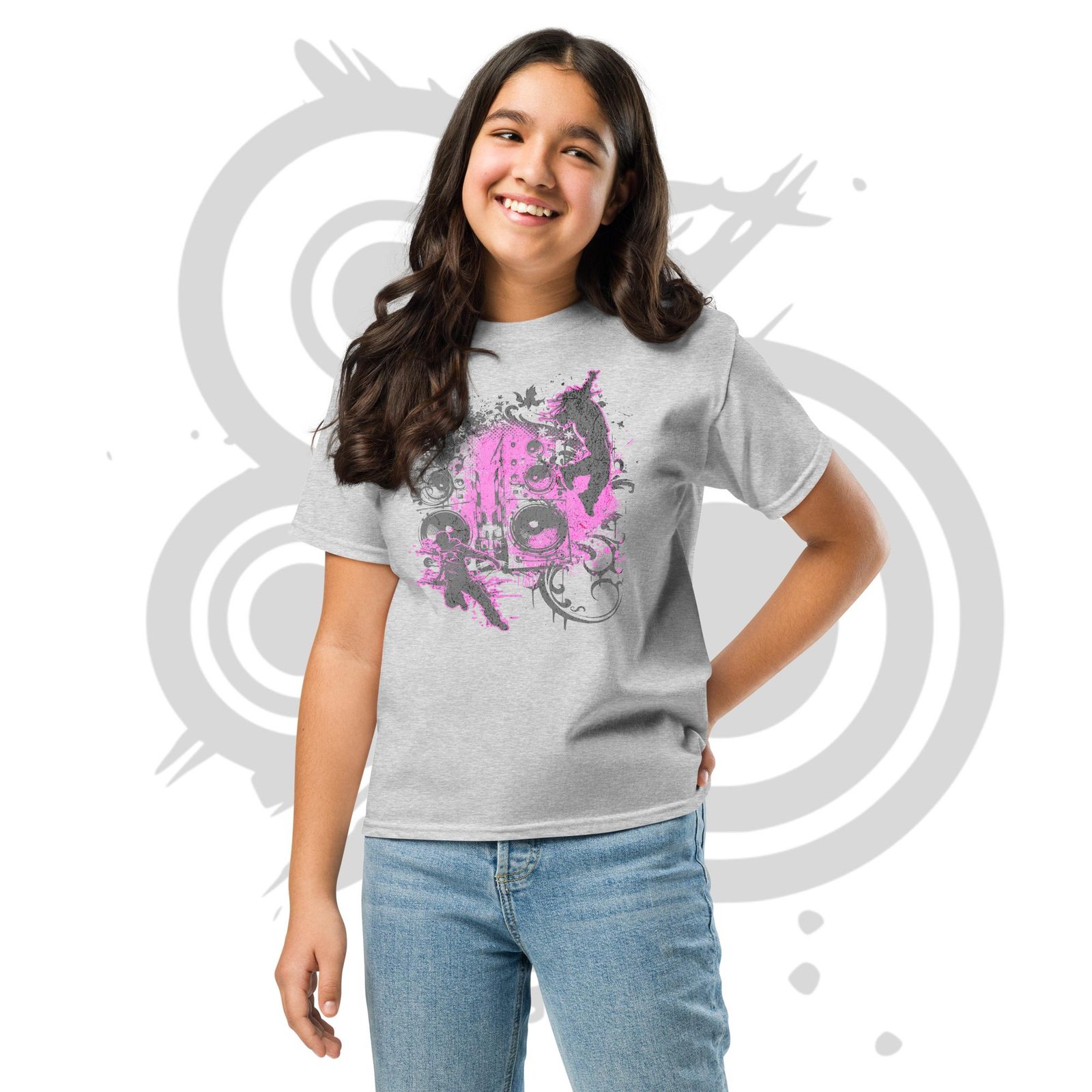 Youth Classic Tee - Y2K Boombox Dance Pink and Gray Ornament Graphic – Image 13