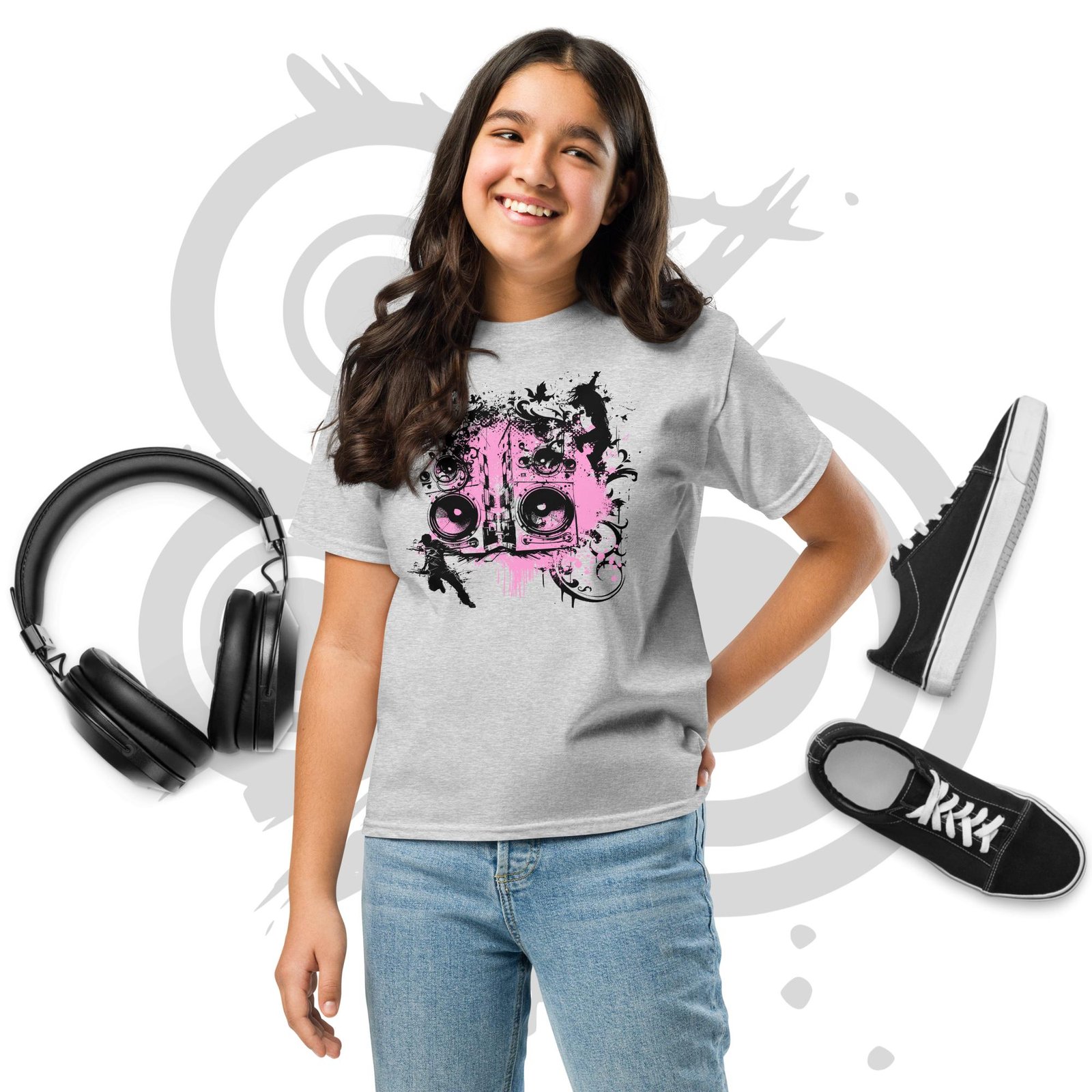 Youth Classic Tee - Y2K Boombox Dance Pink and Gray Ornament Graphic – Image 14