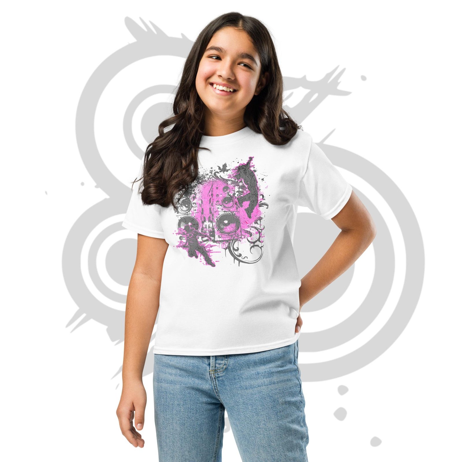Youth Classic Tee - Y2K Boombox Dance Pink and Gray Ornament Graphic