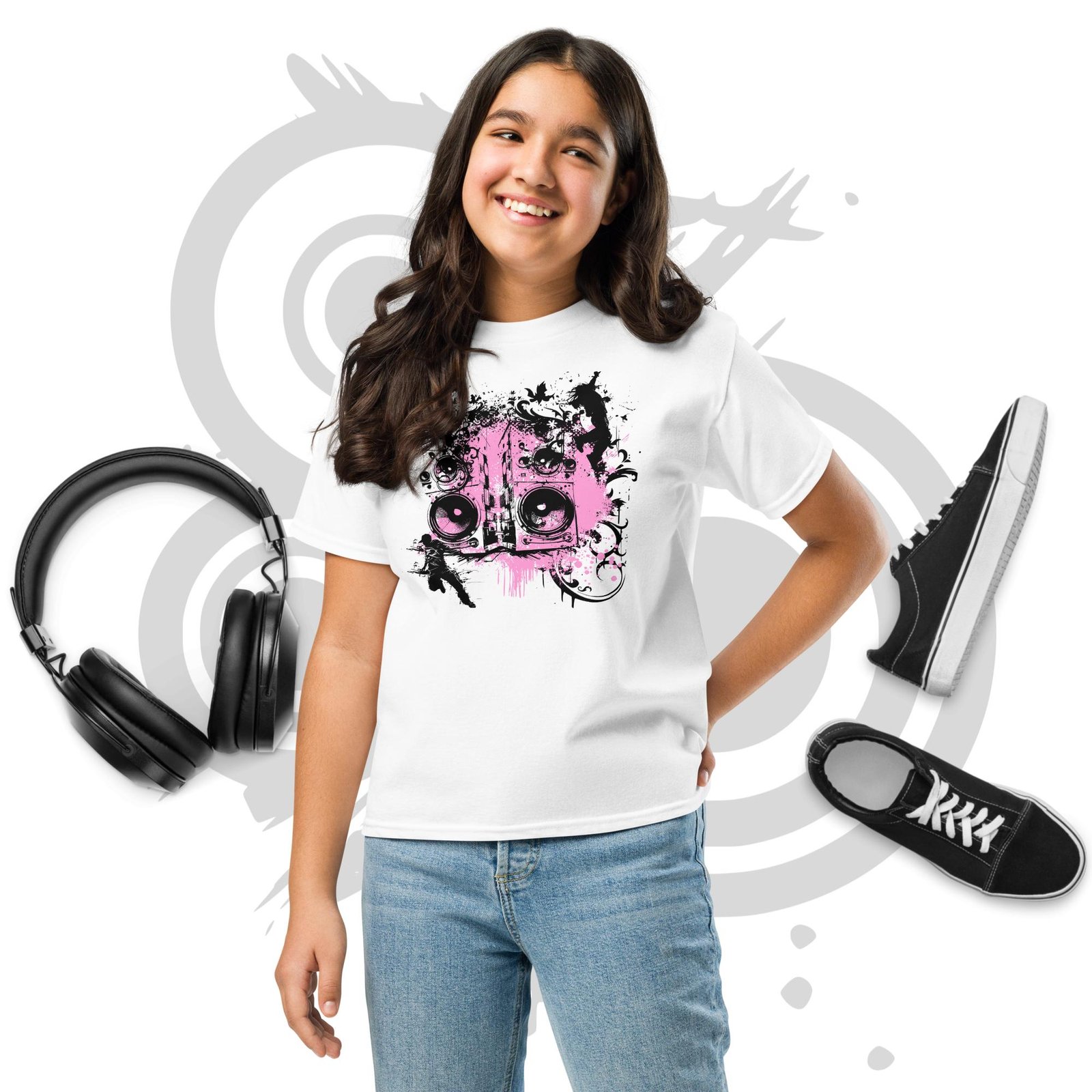 Youth Classic Tee - Y2K Boombox Dance Pink and Gray Ornament Graphic – Image 15