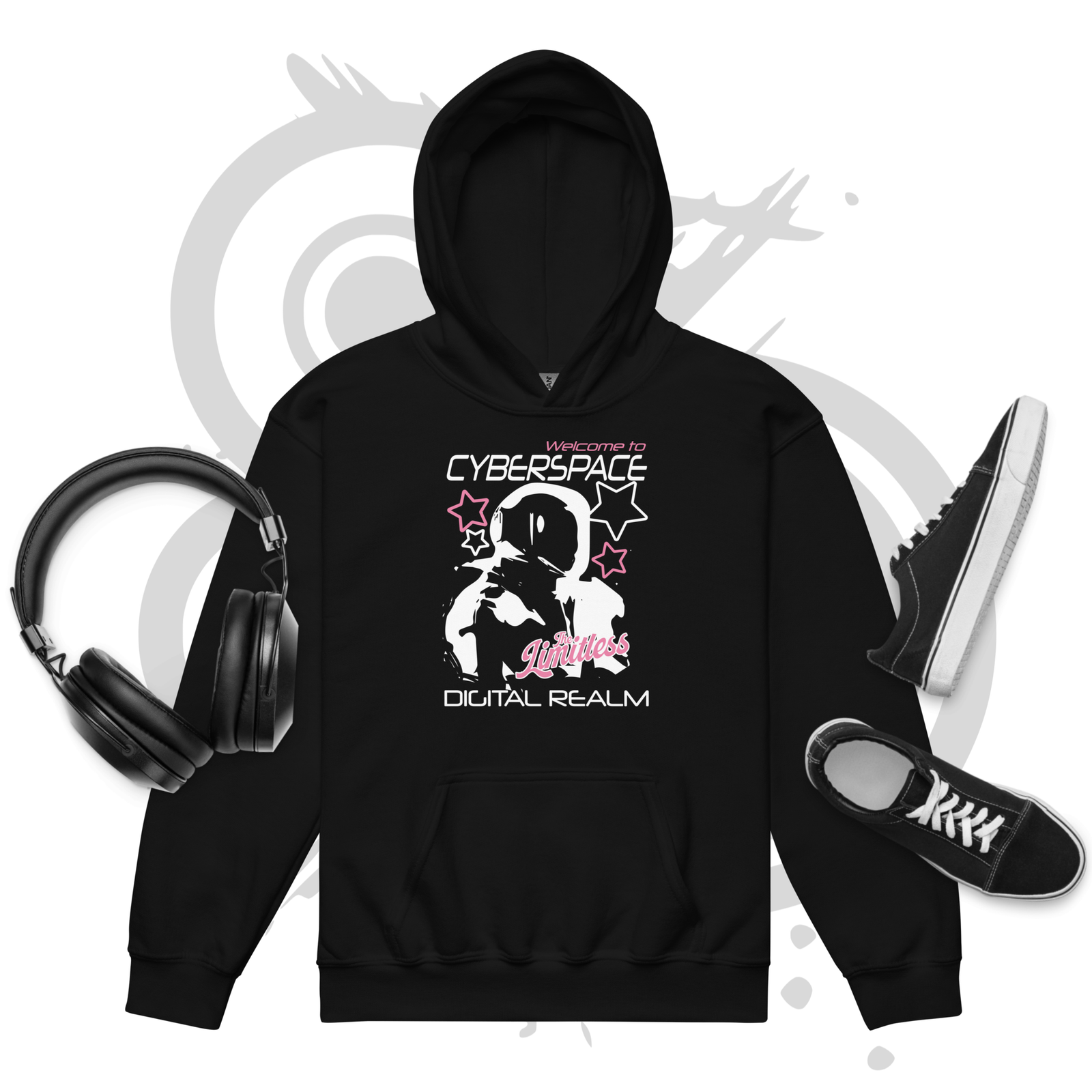 Youth heavy blend hoodie - Y2K Cyberspace - pink stars and white astronaut