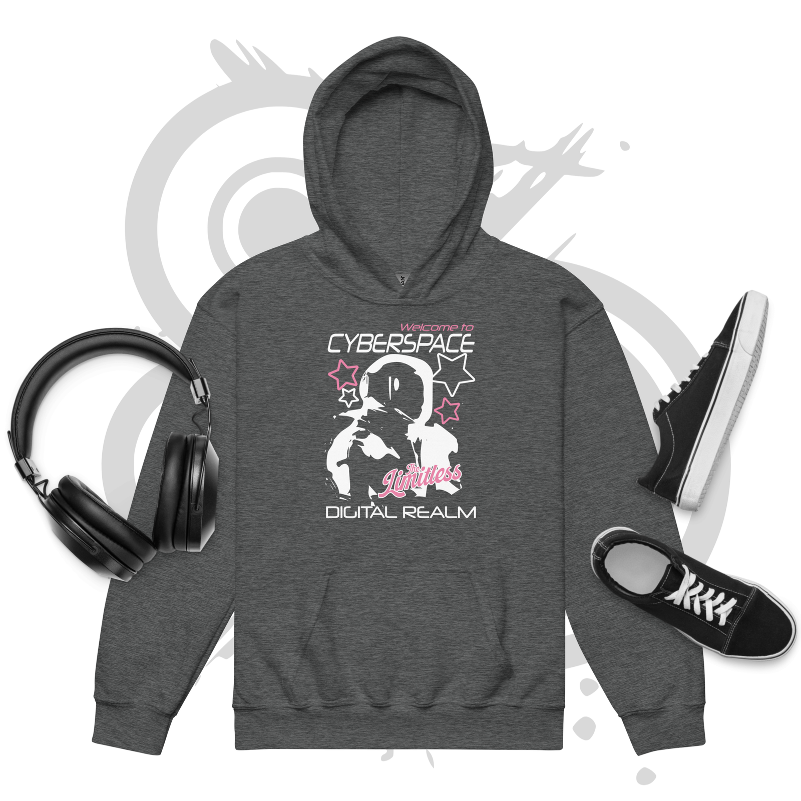 Youth heavy blend hoodie - Y2K Cyberspace - pink stars and white astronaut – Image 7