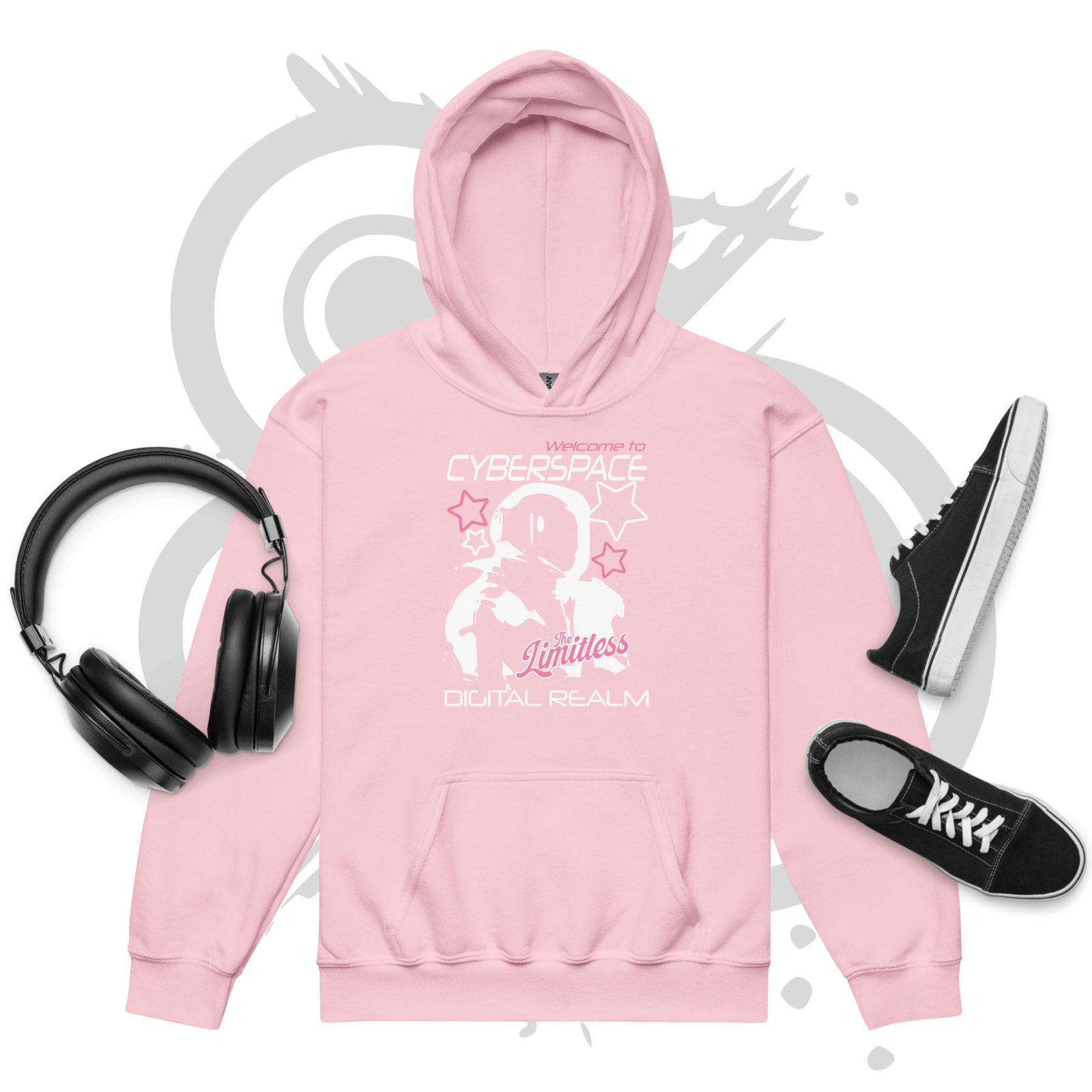 Youth heavy blend hoodie - Y2K Cyberspace - pink stars and white astronaut – Image 2