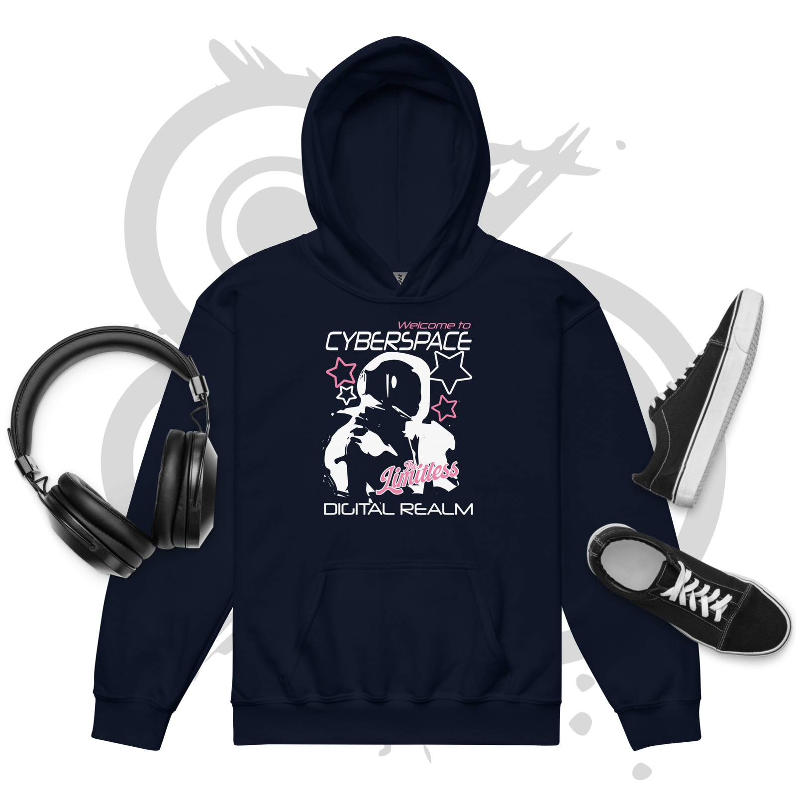 Youth heavy blend hoodie - Y2K Cyberspace - pink stars and white astronaut – Image 3