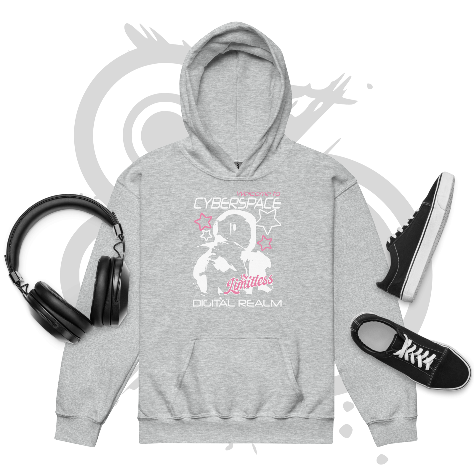 Youth heavy blend hoodie - Y2K Cyberspace - pink stars and white astronaut – Image 5