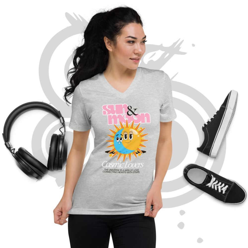 Unisex Short Sleeve V-Neck T-Shirt “Sun Moon: Cosmic Lovers” Ultra-Retro Cartoon Graphic